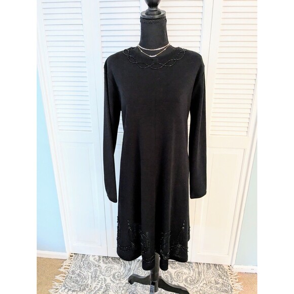 Vtg Liz Claiborne Wool Dress Women's L 90s A-line Black Beaded Chic Swing Y2K - Picture 2 of 16